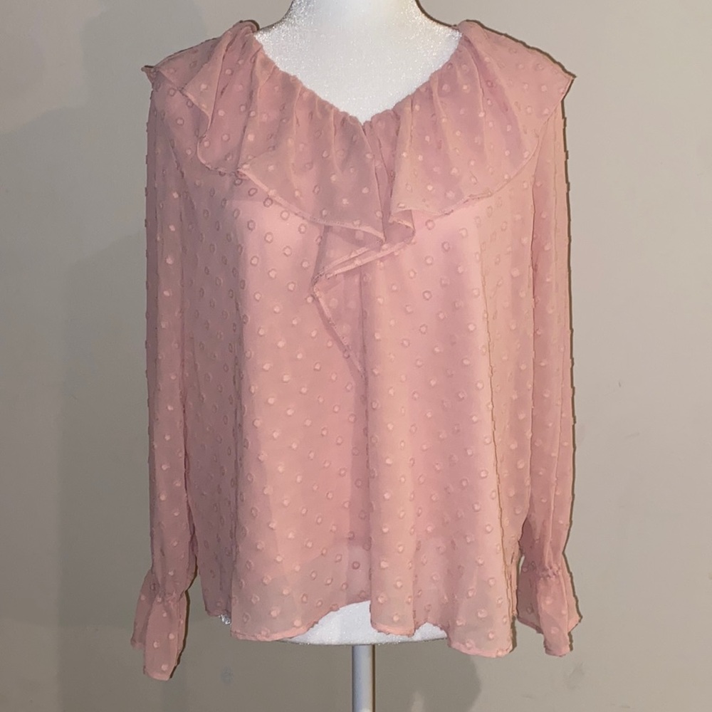 NWT The Loft petite pink long sleeve blouse with ruffle and ruched sleeves, SP